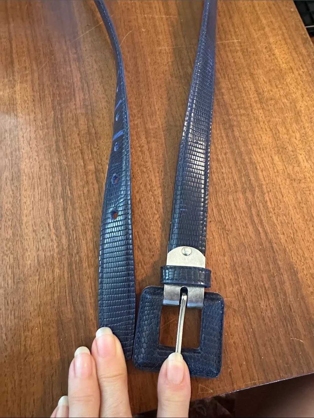 Dark Navy Blue Textured Square-Buckle Faux Leather Belt